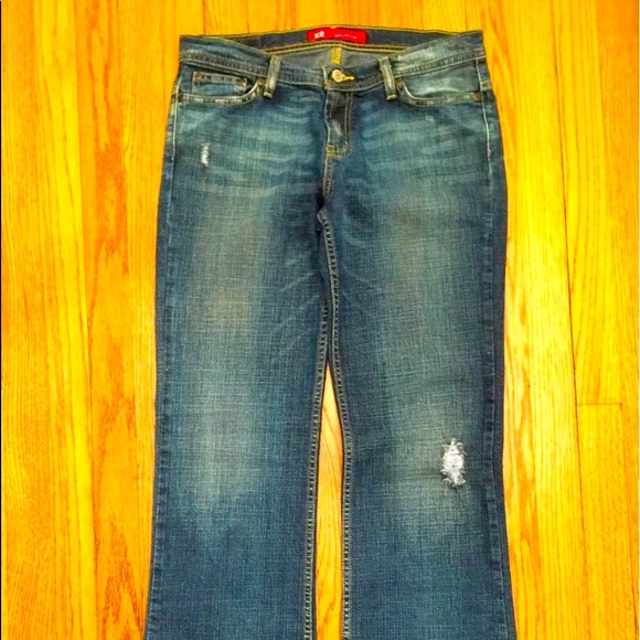 SUPER LOW RISE EXPRESS DENIM JEANS SLIM FIT FLARE LEGS DISTRESSED 8 LO… - Picture 6 of 11